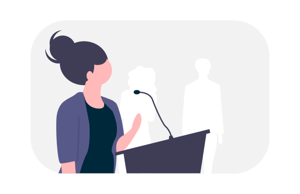 An illustration of a woman standing at a podium that's worked with a nonprofit staffing agency.