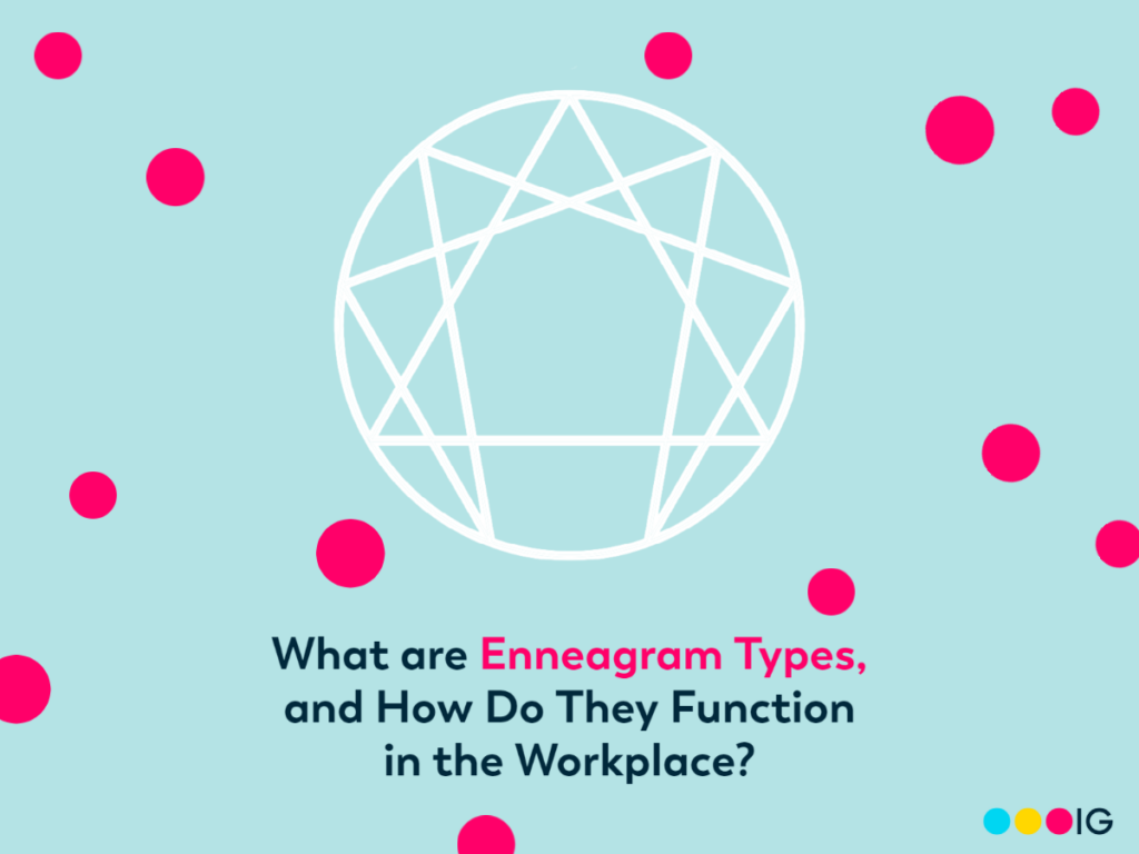 Light blue background. Magenta accent circles. White Enneagram symbol. Insight Global logo. Title: What are Enneagram Types, and How Do They Function in the Workplace?