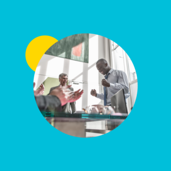 Background of Insight Global blue with yellow dot surrounding a photo of a black man celebrating his promotion with his team